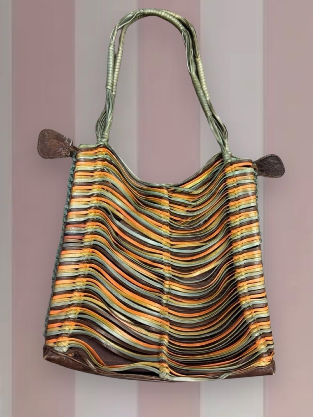 Y2K unique Orange, brown, and beige leather strappy purse